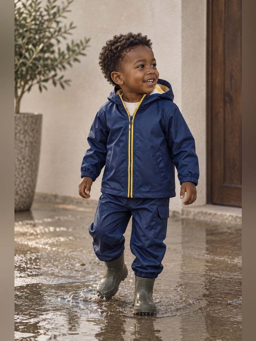 Hatley Kids Navy Blue Rain Jacket Pants Set Size 2T Yellow Zip Waterproof